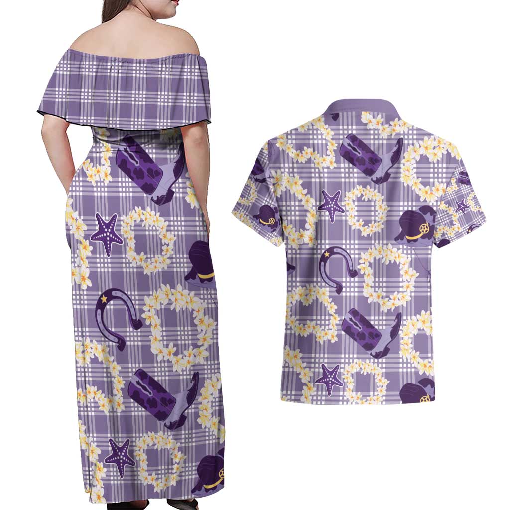 Aloha Hawaii Paniolo Lavender Palaka Couples Matching Off Shoulder Maxi Dress and Hawaiian Shirt Coastal Rodeo LT7 - Polynesian Pride