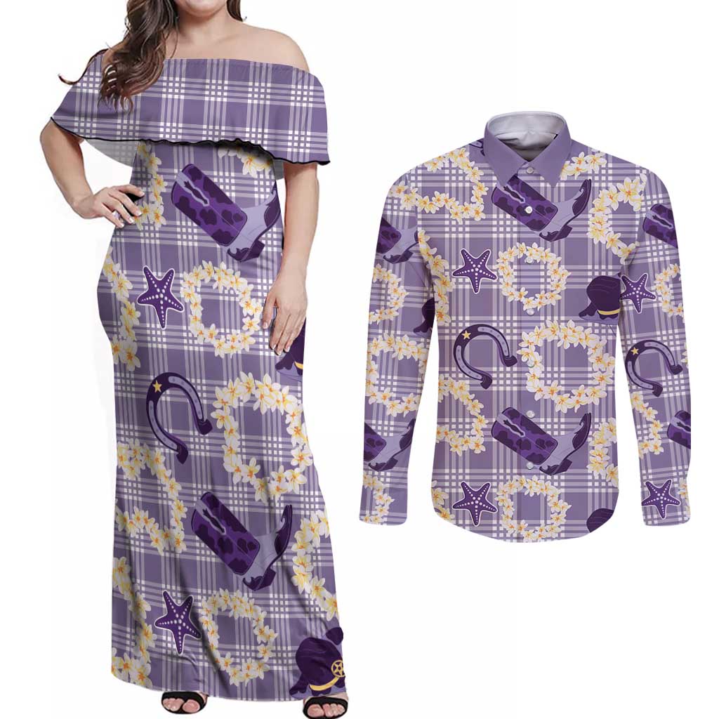 Aloha Hawaii Paniolo Lavender Palaka Couples Matching Off Shoulder Maxi Dress and Long Sleeve Button Shirt Coastal Rodeo LT7 Lavender - Polynesian Pride