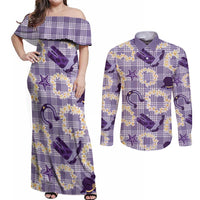 Aloha Hawaii Paniolo Lavender Palaka Couples Matching Off Shoulder Maxi Dress and Long Sleeve Button Shirt Coastal Rodeo LT7 Lavender - Polynesian Pride