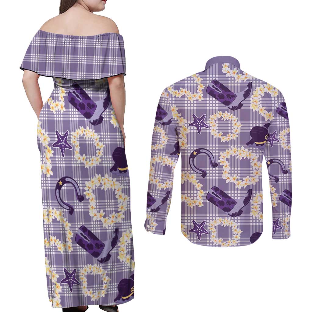 Aloha Hawaii Paniolo Lavender Palaka Couples Matching Off Shoulder Maxi Dress and Long Sleeve Button Shirt Coastal Rodeo LT7 - Polynesian Pride