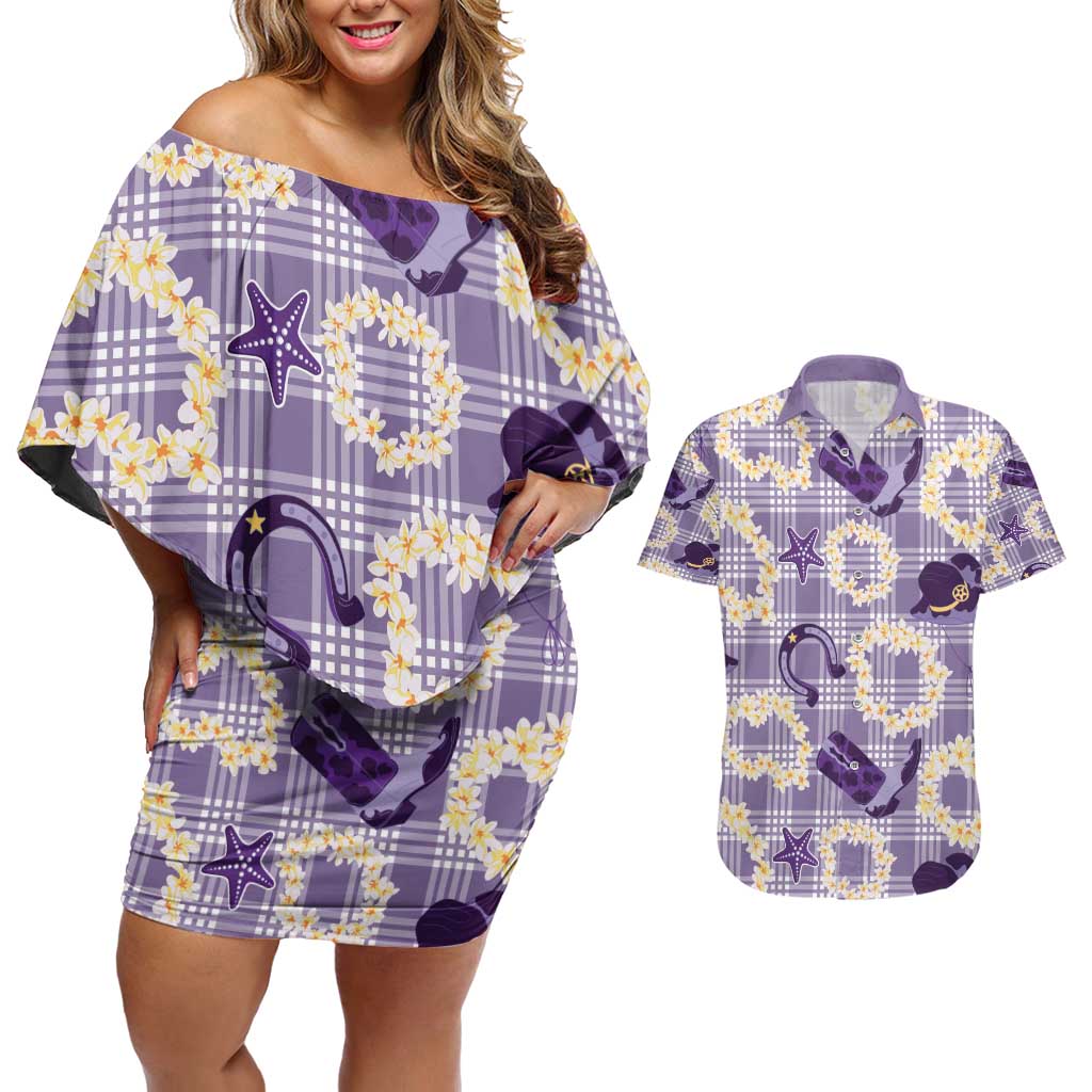 Aloha Hawaii Paniolo Lavender Palaka Couples Matching Off Shoulder Short Dress and Hawaiian Shirt Coastal Rodeo LT7 Lavender - Polynesian Pride