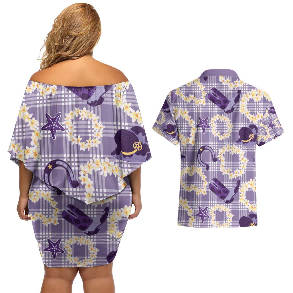 Aloha Hawaii Paniolo Lavender Palaka Couples Matching Off Shoulder Short Dress and Hawaiian Shirt Coastal Rodeo LT7 - Polynesian Pride