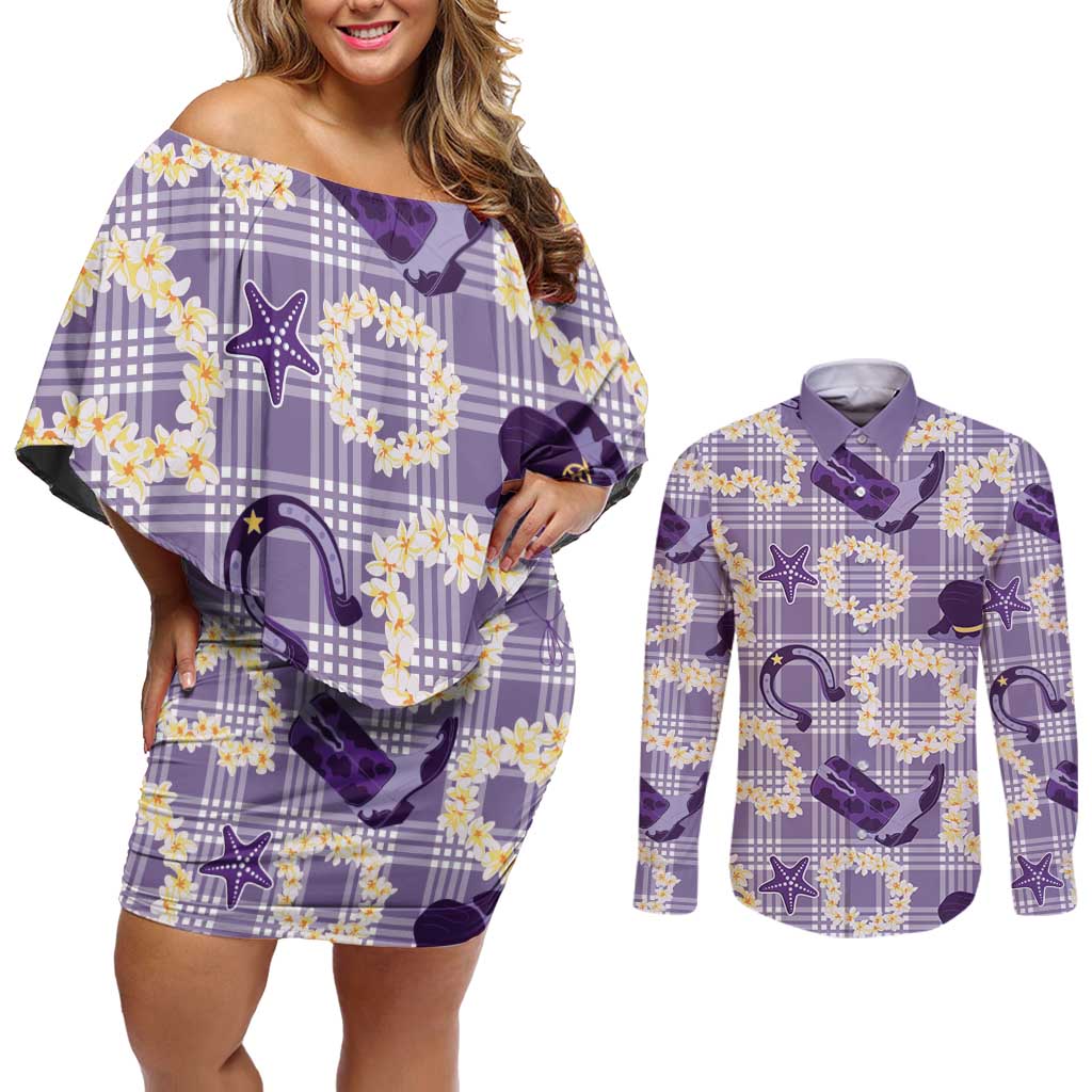 Aloha Hawaii Paniolo Lavender Palaka Couples Matching Off Shoulder Short Dress and Long Sleeve Button Shirt Coastal Rodeo LT7 Lavender - Polynesian Pride