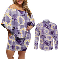 Aloha Hawaii Paniolo Lavender Palaka Couples Matching Off Shoulder Short Dress and Long Sleeve Button Shirt Coastal Rodeo LT7 Lavender - Polynesian Pride