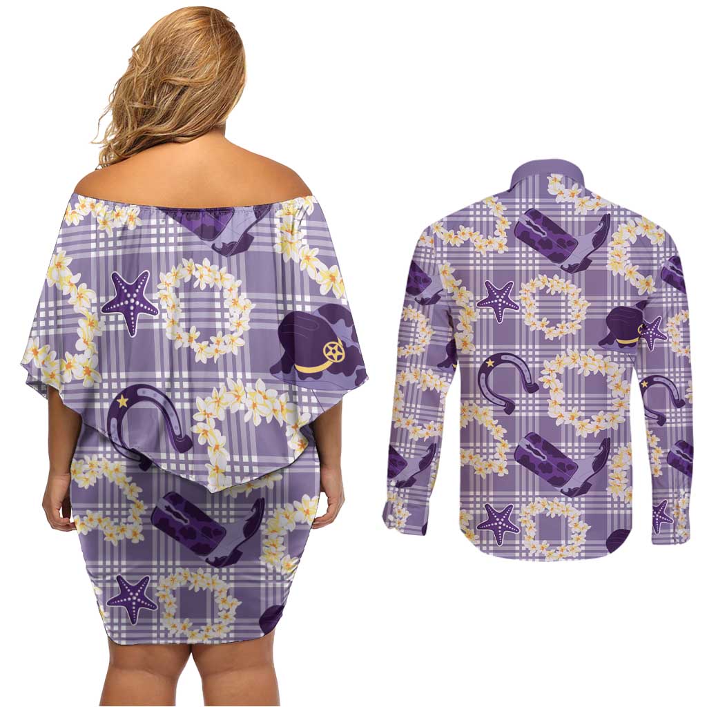 Aloha Hawaii Paniolo Lavender Palaka Couples Matching Off Shoulder Short Dress and Long Sleeve Button Shirt Coastal Rodeo LT7 - Polynesian Pride