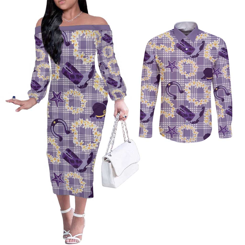 Aloha Hawaii Paniolo Lavender Palaka Couples Matching Off The Shoulder Long Sleeve Dress and Long Sleeve Button Shirt Coastal Rodeo LT7 Lavender - Polynesian Pride