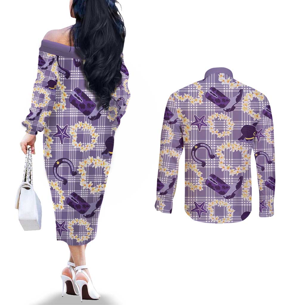 Aloha Hawaii Paniolo Lavender Palaka Couples Matching Off The Shoulder Long Sleeve Dress and Long Sleeve Button Shirt Coastal Rodeo LT7 - Polynesian Pride