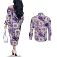 Aloha Hawaii Paniolo Lavender Palaka Couples Matching Off The Shoulder Long Sleeve Dress and Long Sleeve Button Shirt Coastal Rodeo LT7 - Polynesian Pride