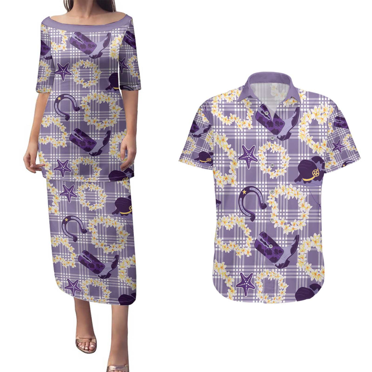 Aloha Hawaii Paniolo Lavender Palaka Couples Matching Puletasi and Hawaiian Shirt Coastal Rodeo LT7 Lavender - Polynesian Pride