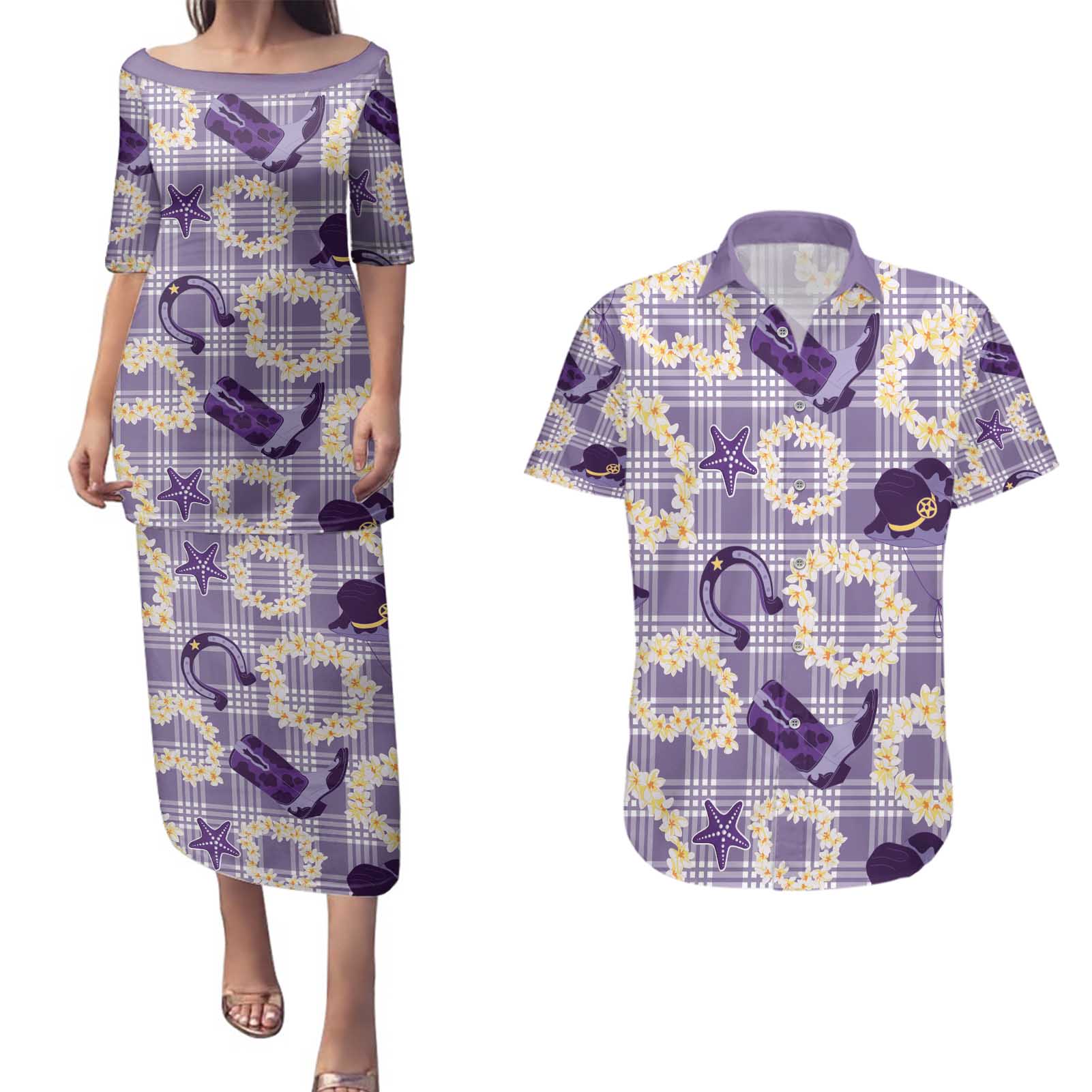 Aloha Hawaii Paniolo Lavender Palaka Couples Matching Puletasi and Hawaiian Shirt Coastal Rodeo - Polynesian Pride