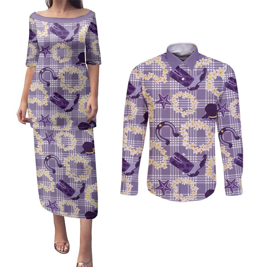 Aloha Hawaii Paniolo Lavender Palaka Couples Matching Puletasi and Long Sleeve Button Shirt Coastal Rodeo LT7 Lavender - Polynesian Pride