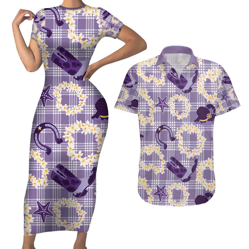 Aloha Hawaii Paniolo Lavender Palaka Couples Matching Short Sleeve Bodycon Dress and Hawaiian Shirt Coastal Rodeo LT7 Lavender - Polynesian Pride