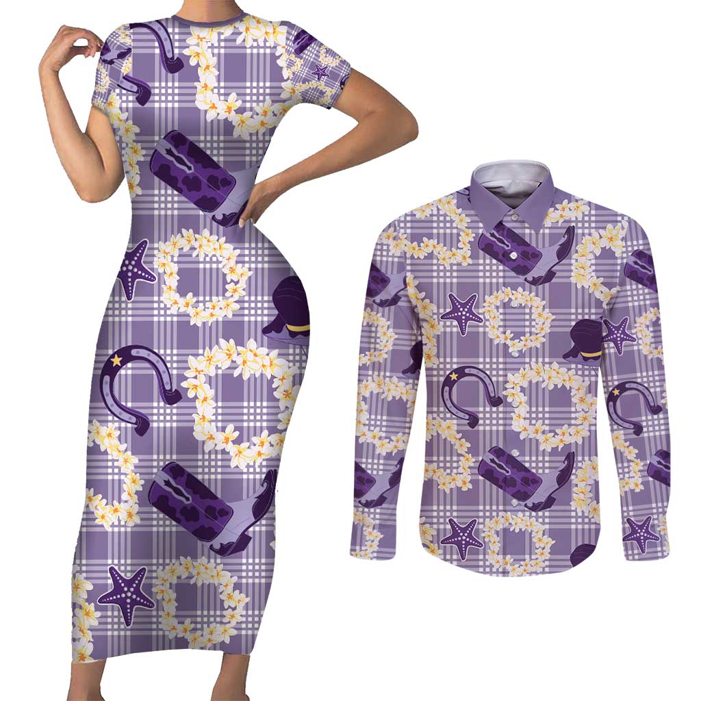 Aloha Hawaii Paniolo Lavender Palaka Couples Matching Short Sleeve Bodycon Dress and Long Sleeve Button Shirt Coastal Rodeo LT7 Lavender - Polynesian Pride
