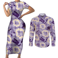 Aloha Hawaii Paniolo Lavender Palaka Couples Matching Short Sleeve Bodycon Dress and Long Sleeve Button Shirt Coastal Rodeo LT7 Lavender - Polynesian Pride