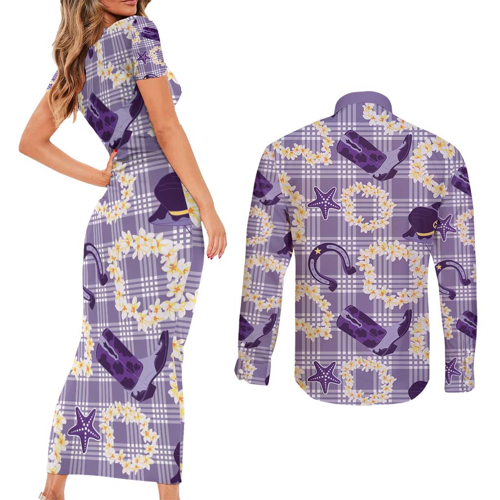 Aloha Hawaii Paniolo Lavender Palaka Couples Matching Short Sleeve Bodycon Dress and Long Sleeve Button Shirt Coastal Rodeo LT7 - Polynesian Pride