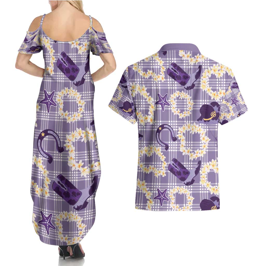 Aloha Hawaii Paniolo Lavender Palaka Couples Matching Summer Maxi Dress and Hawaiian Shirt Coastal Rodeo LT7 - Polynesian Pride