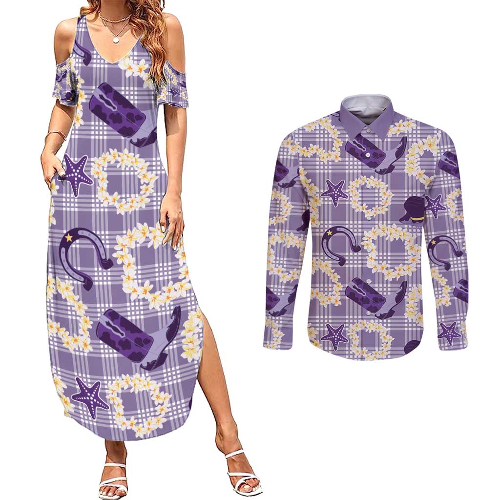 Aloha Hawaii Paniolo Lavender Palaka Couples Matching Summer Maxi Dress and Long Sleeve Button Shirt Coastal Rodeo LT7 Lavender - Polynesian Pride