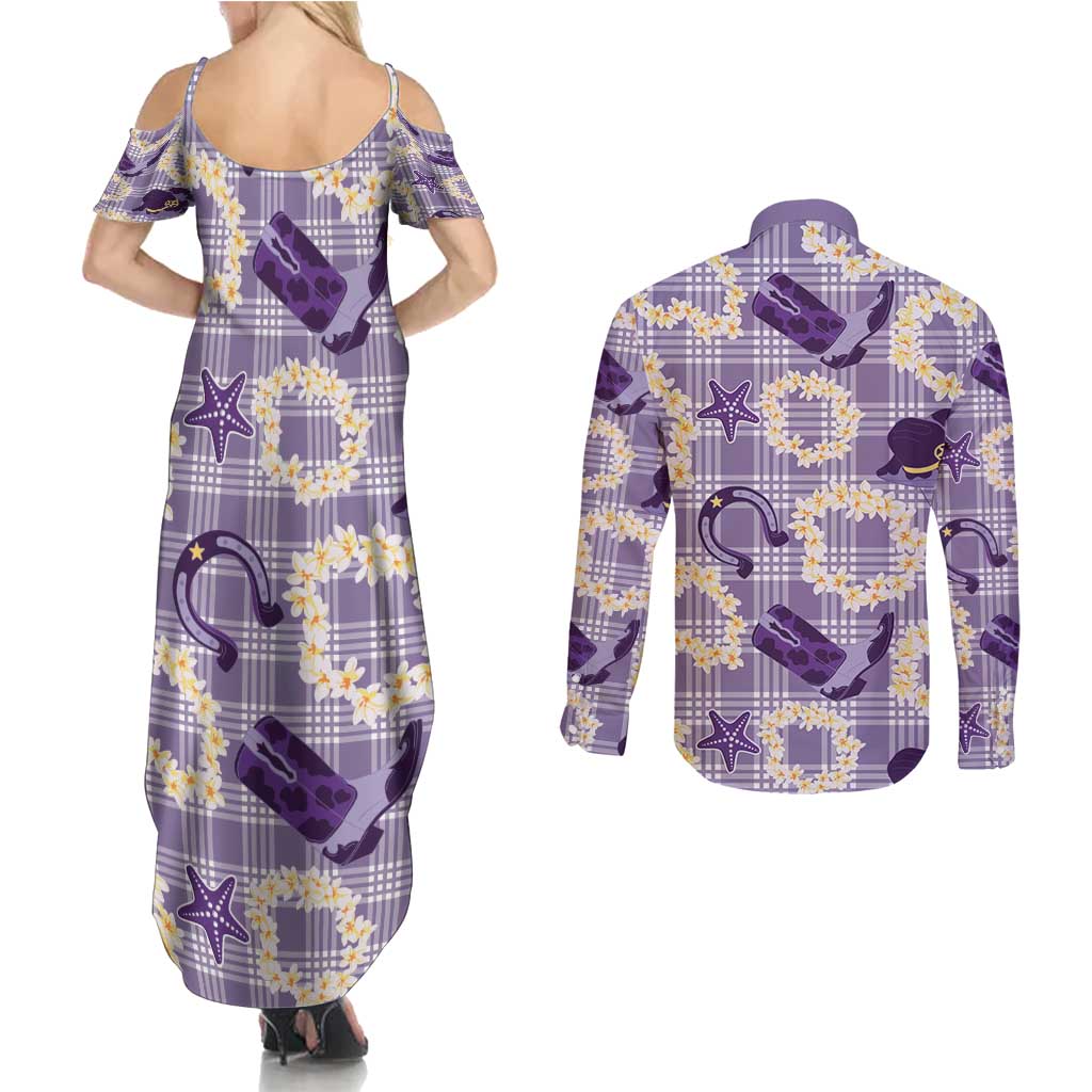 Aloha Hawaii Paniolo Lavender Palaka Couples Matching Summer Maxi Dress and Long Sleeve Button Shirt Coastal Rodeo LT7 - Polynesian Pride