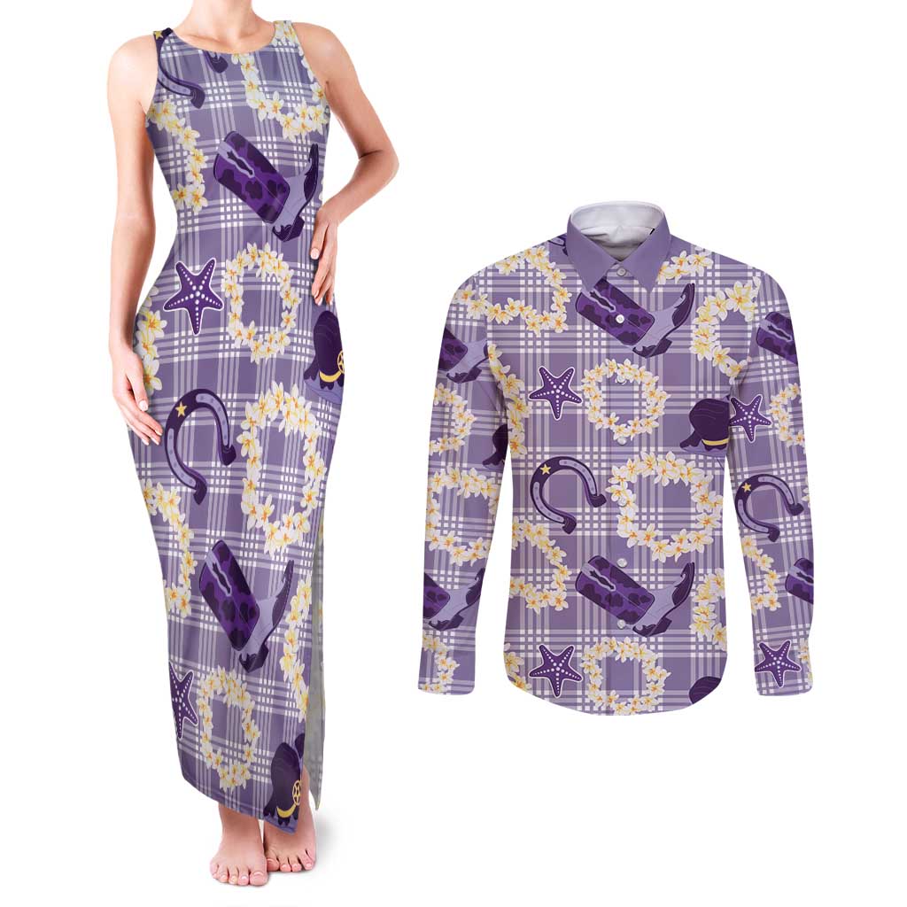 Aloha Hawaii Paniolo Lavender Palaka Couples Matching Tank Maxi Dress and Long Sleeve Button Shirt Coastal Rodeo LT7 Lavender - Polynesian Pride