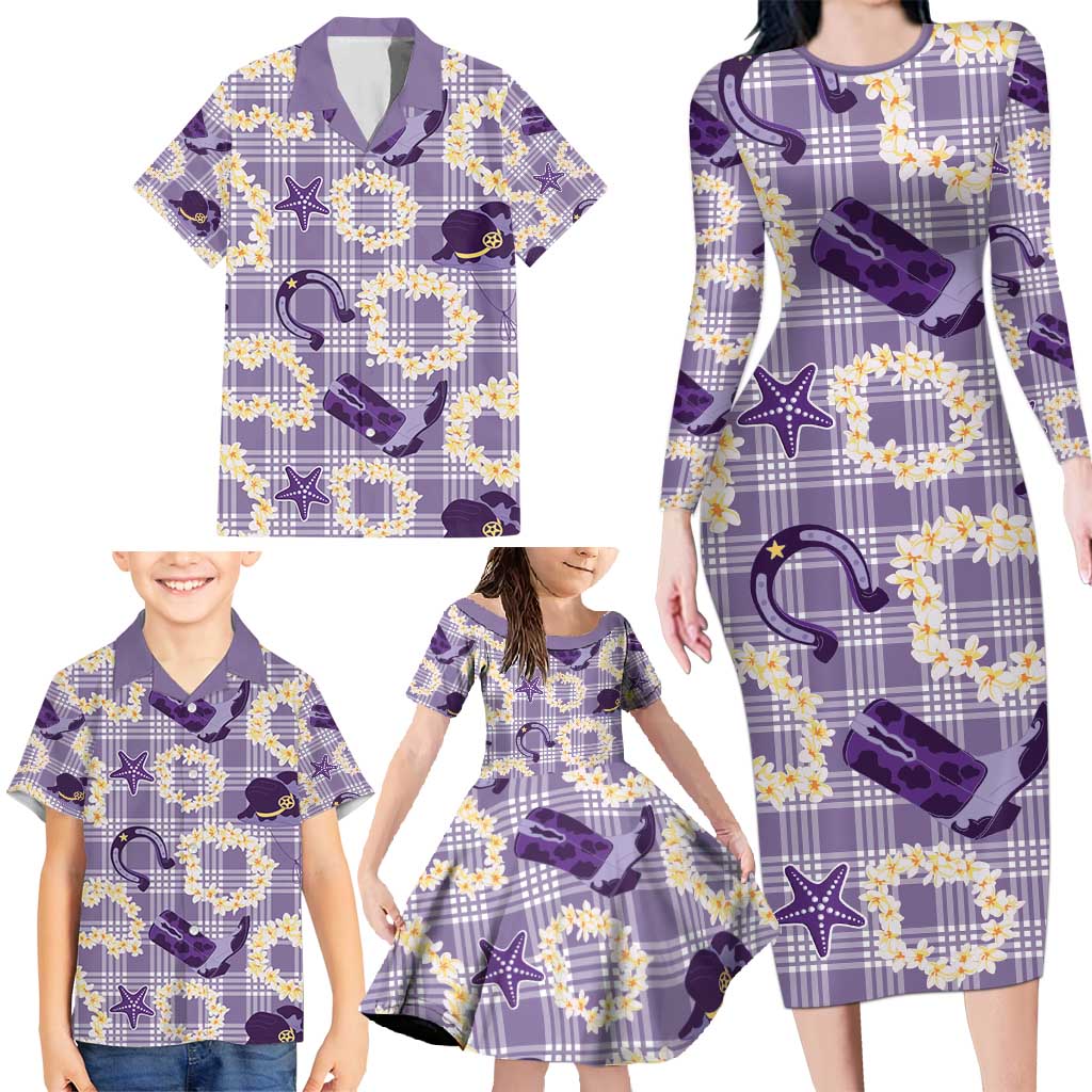 Aloha Hawaii Paniolo Lavender Palaka Family Matching Long Sleeve Bodycon Dress and Hawaiian Shirt Coastal Rodeo LT7 - Polynesian Pride