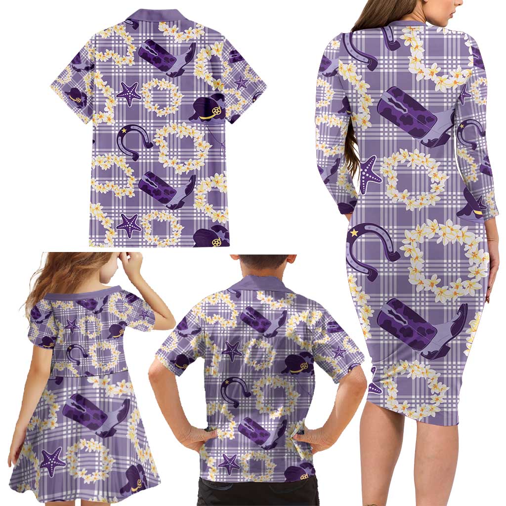 Aloha Hawaii Paniolo Lavender Palaka Family Matching Long Sleeve Bodycon Dress and Hawaiian Shirt Coastal Rodeo LT7 - Polynesian Pride