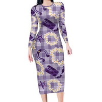 Aloha Hawaii Paniolo Lavender Palaka Family Matching Long Sleeve Bodycon Dress and Hawaiian Shirt Coastal Rodeo LT7 Mom's Dress Lavender - Polynesian Pride