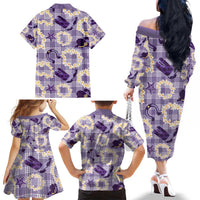 Aloha Hawaii Paniolo Lavender Palaka Family Matching Off The Shoulder Long Sleeve Dress and Hawaiian Shirt Coastal Rodeo LT7 - Polynesian Pride