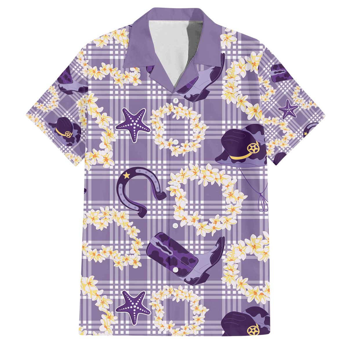 Aloha Hawaii Paniolo Lavender Palaka Family Matching Off The Shoulder Long Sleeve Dress and Hawaiian Shirt Coastal Rodeo LT7 Dad's Shirt - Short Sleeve Lavender - Polynesian Pride