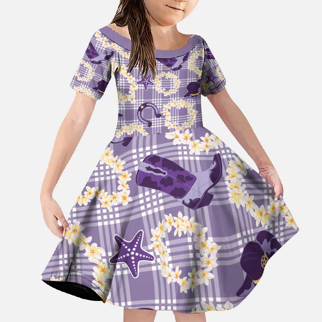 Aloha Hawaii Paniolo Lavender Palaka Family Matching Off Shoulder Maxi Dress and Hawaiian Shirt Coastal Rodeo LT7 Daughter's Dress Lavender - Polynesian Pride