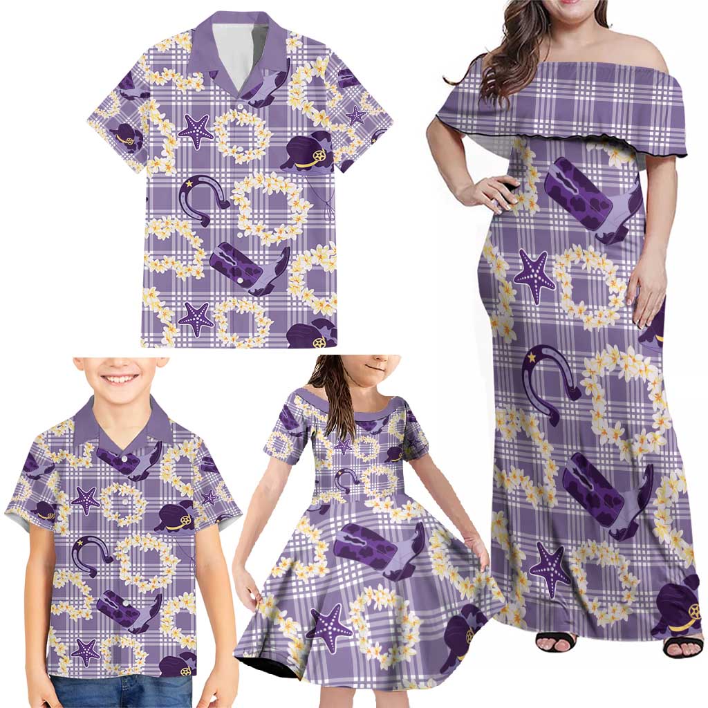 Aloha Hawaii Paniolo Lavender Palaka Family Matching Off Shoulder Maxi Dress and Hawaiian Shirt Coastal Rodeo LT7 - Polynesian Pride