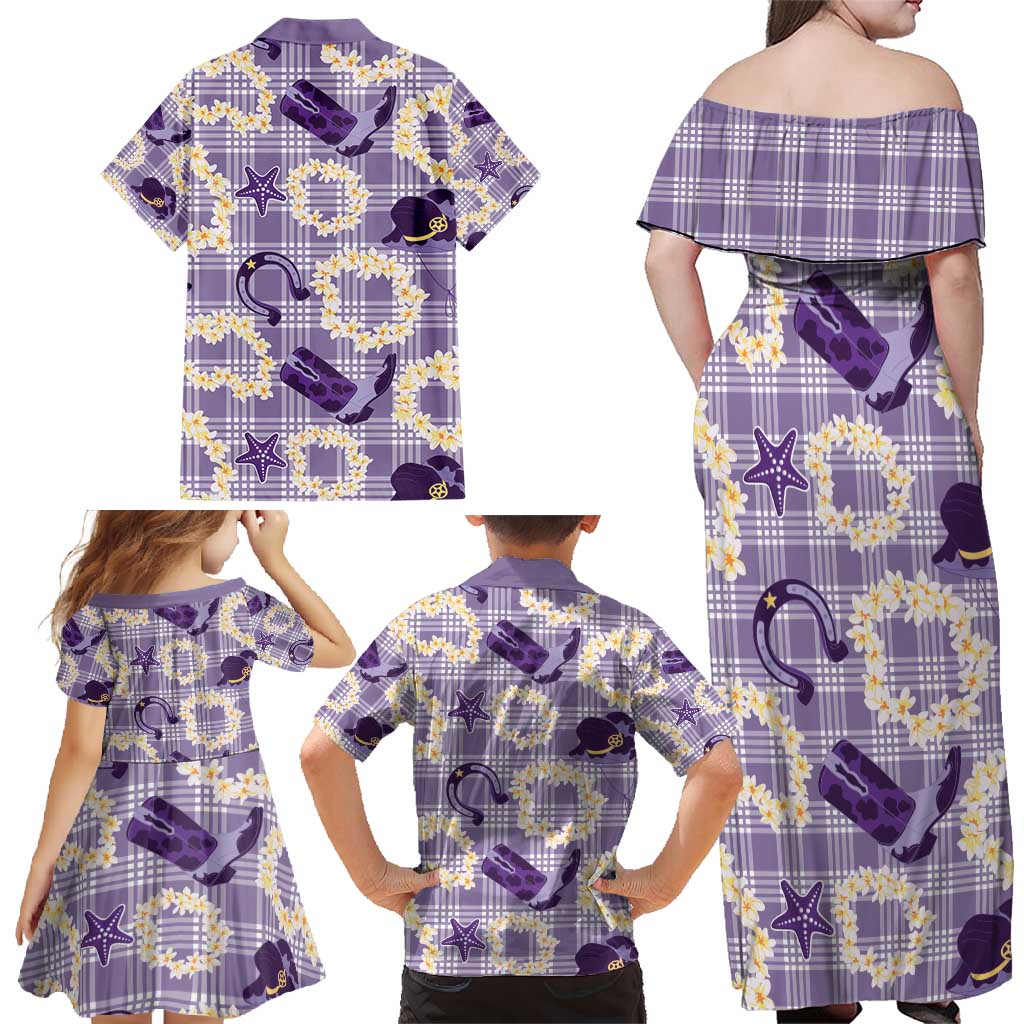 Aloha Hawaii Paniolo Lavender Palaka Family Matching Off Shoulder Maxi Dress and Hawaiian Shirt Coastal Rodeo LT7 - Polynesian Pride