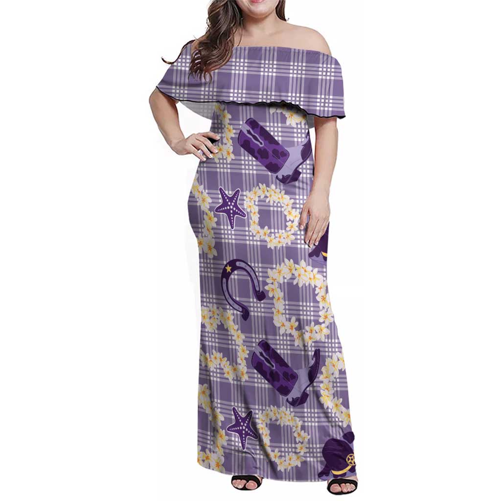 Aloha Hawaii Paniolo Lavender Palaka Family Matching Off Shoulder Maxi Dress and Hawaiian Shirt Coastal Rodeo LT7 Mom's Dress Lavender - Polynesian Pride