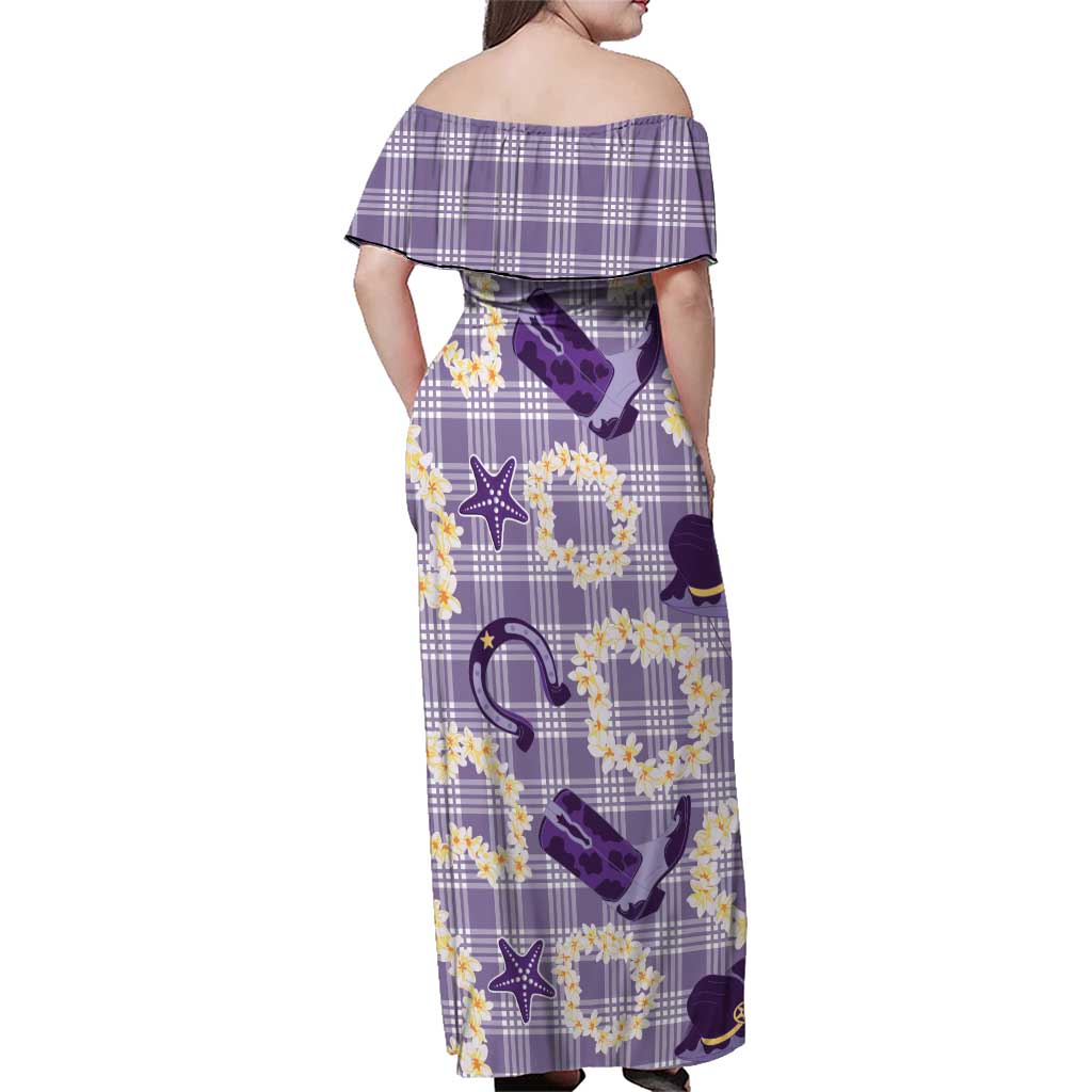 Aloha Hawaii Paniolo Lavender Palaka Family Matching Off Shoulder Maxi Dress and Hawaiian Shirt Coastal Rodeo LT7 - Polynesian Pride