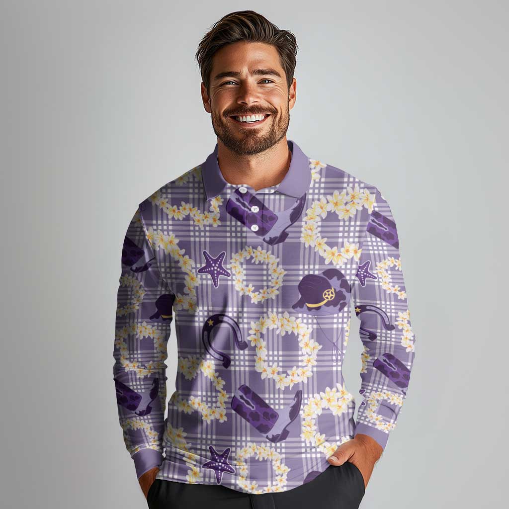 Aloha Hawaii Paniolo Lavender Palaka Long Sleeve Polo Shirt Coastal Rodeo LT7 - Polynesian Pride