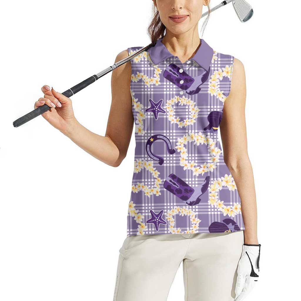Aloha Hawaii Paniolo Lavender Palaka Women Sleeveless Polo Shirt Coastal Rodeo LT7 - Polynesian Pride