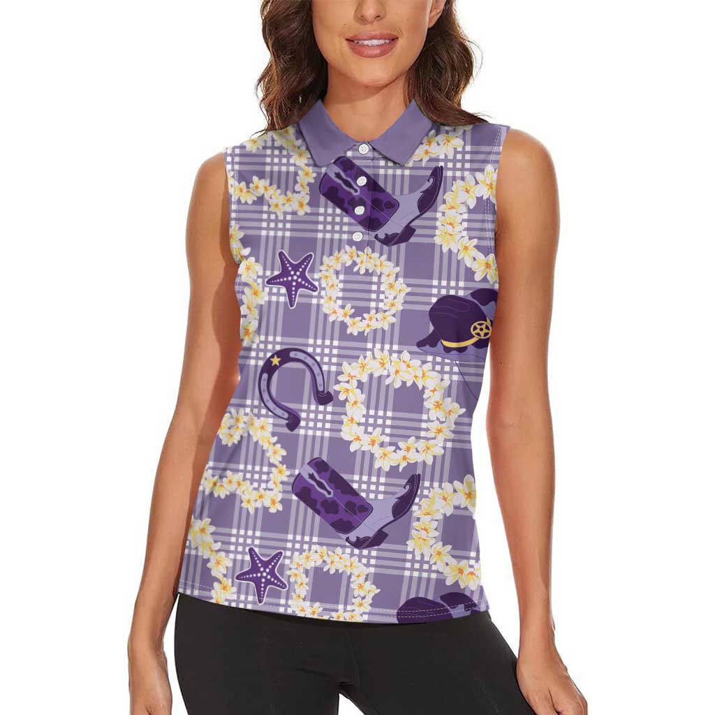 Aloha Hawaii Paniolo Lavender Palaka Women Sleeveless Polo Shirt Coastal Rodeo LT7 - Polynesian Pride