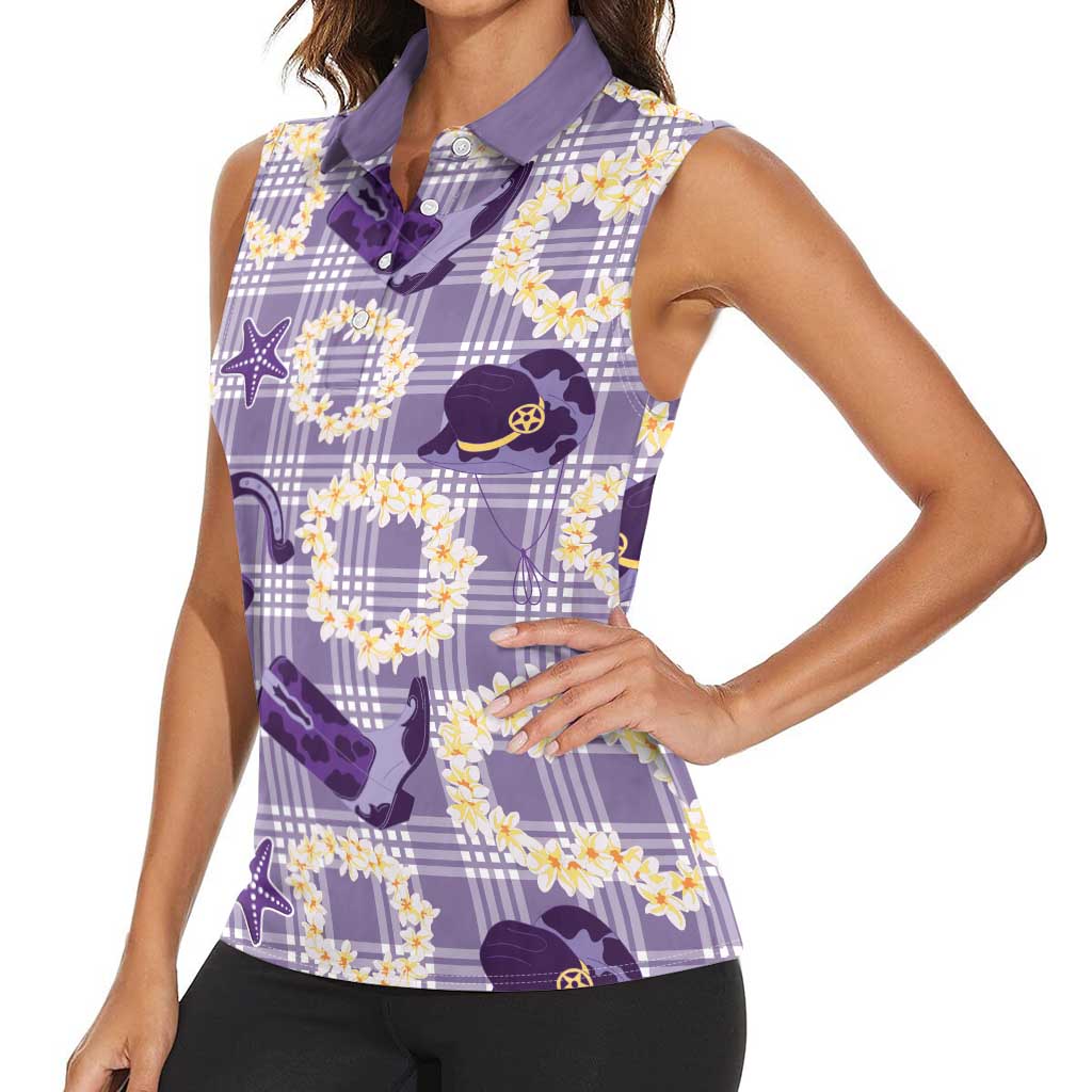 Aloha Hawaii Paniolo Lavender Palaka Women Sleeveless Polo Shirt Coastal Rodeo LT7 - Polynesian Pride