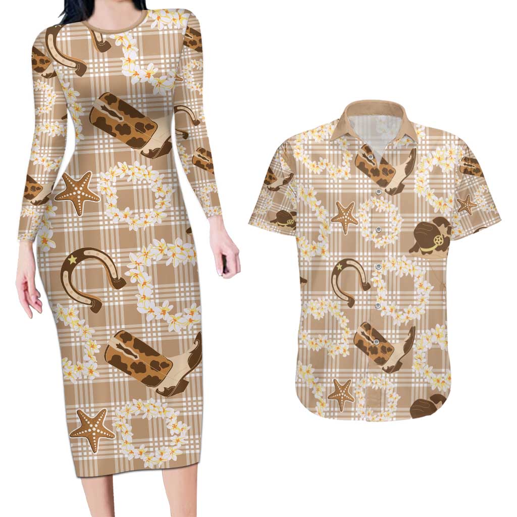 Aloha Hawaii Paniolo Khaki Palaka Couples Matching Long Sleeve Bodycon Dress and Hawaiian Shirt Coastal Rodeo LT7 Khaki - Polynesian Pride