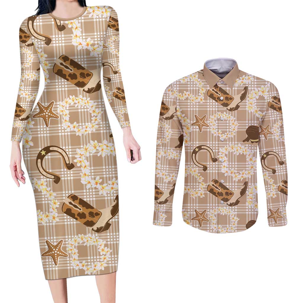Aloha Hawaii Paniolo Khaki Palaka Couples Matching Long Sleeve Bodycon Dress and Long Sleeve Button Shirt Coastal Rodeo LT7 Khaki - Polynesian Pride