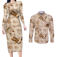 Aloha Hawaii Paniolo Khaki Palaka Couples Matching Long Sleeve Bodycon Dress and Long Sleeve Button Shirt Coastal Rodeo LT7 Khaki - Polynesian Pride