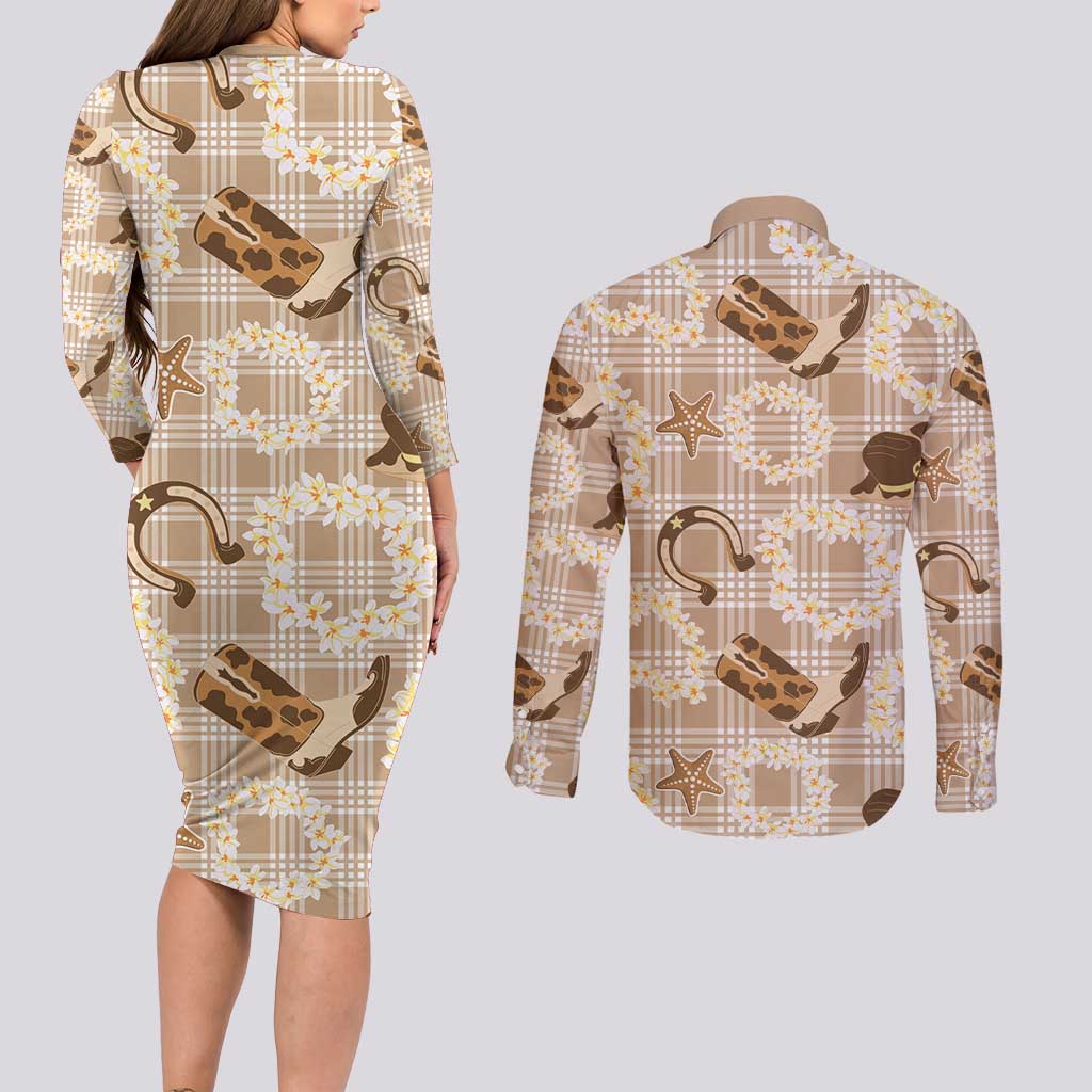 Aloha Hawaii Paniolo Khaki Palaka Couples Matching Long Sleeve Bodycon Dress and Long Sleeve Button Shirt Coastal Rodeo LT7 - Polynesian Pride