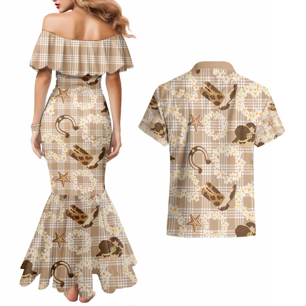 Aloha Hawaii Paniolo Khaki Palaka Couples Matching Mermaid Dress and Hawaiian Shirt Coastal Rodeo LT7 - Polynesian Pride