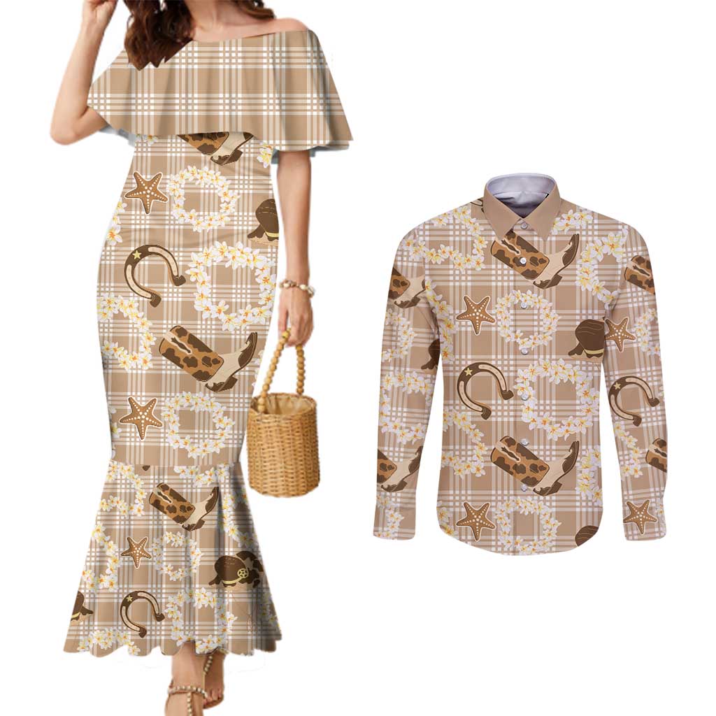 Aloha Hawaii Paniolo Khaki Palaka Couples Matching Mermaid Dress and Long Sleeve Button Shirt Coastal Rodeo LT7 Khaki - Polynesian Pride
