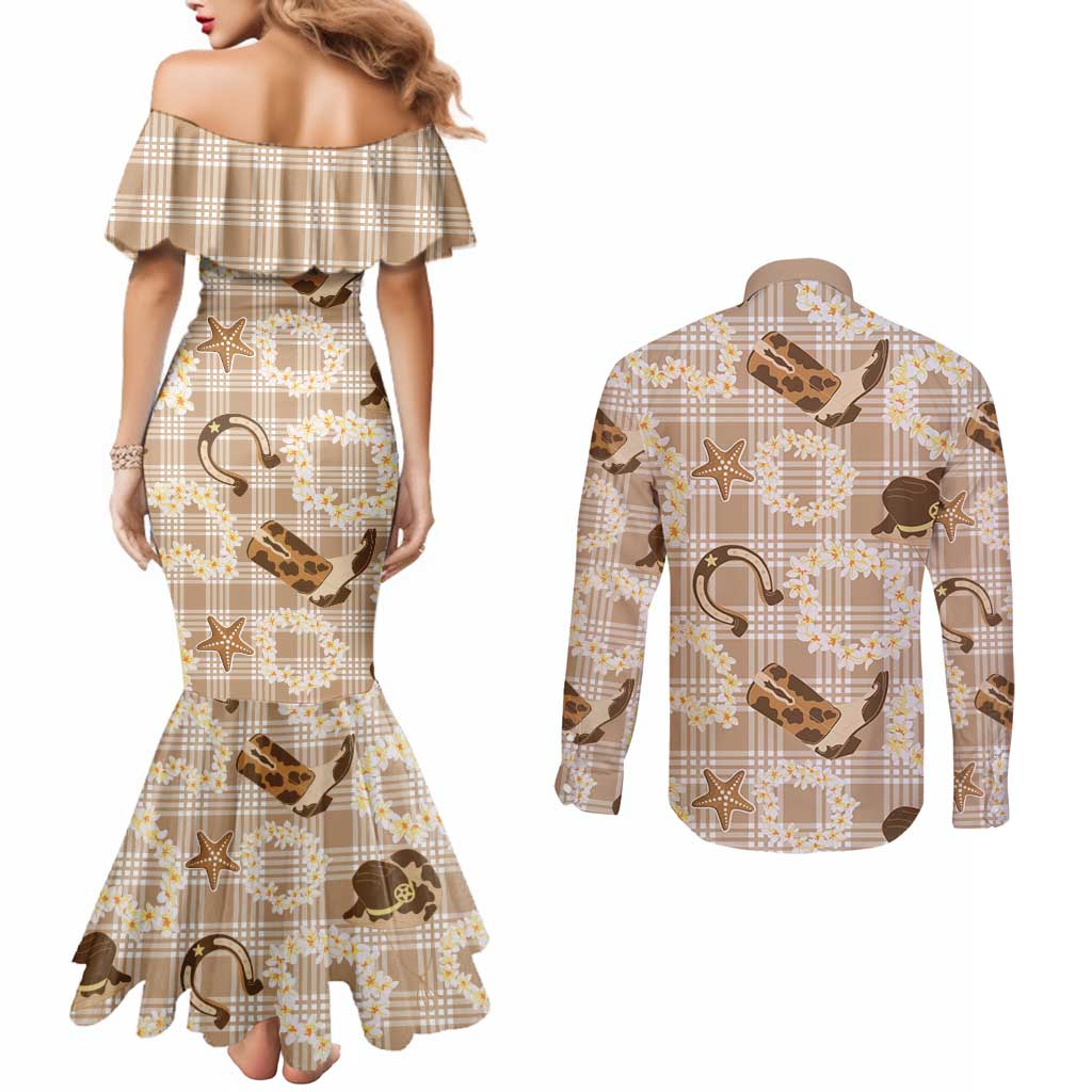 Aloha Hawaii Paniolo Khaki Palaka Couples Matching Mermaid Dress and Long Sleeve Button Shirt Coastal Rodeo LT7 - Polynesian Pride