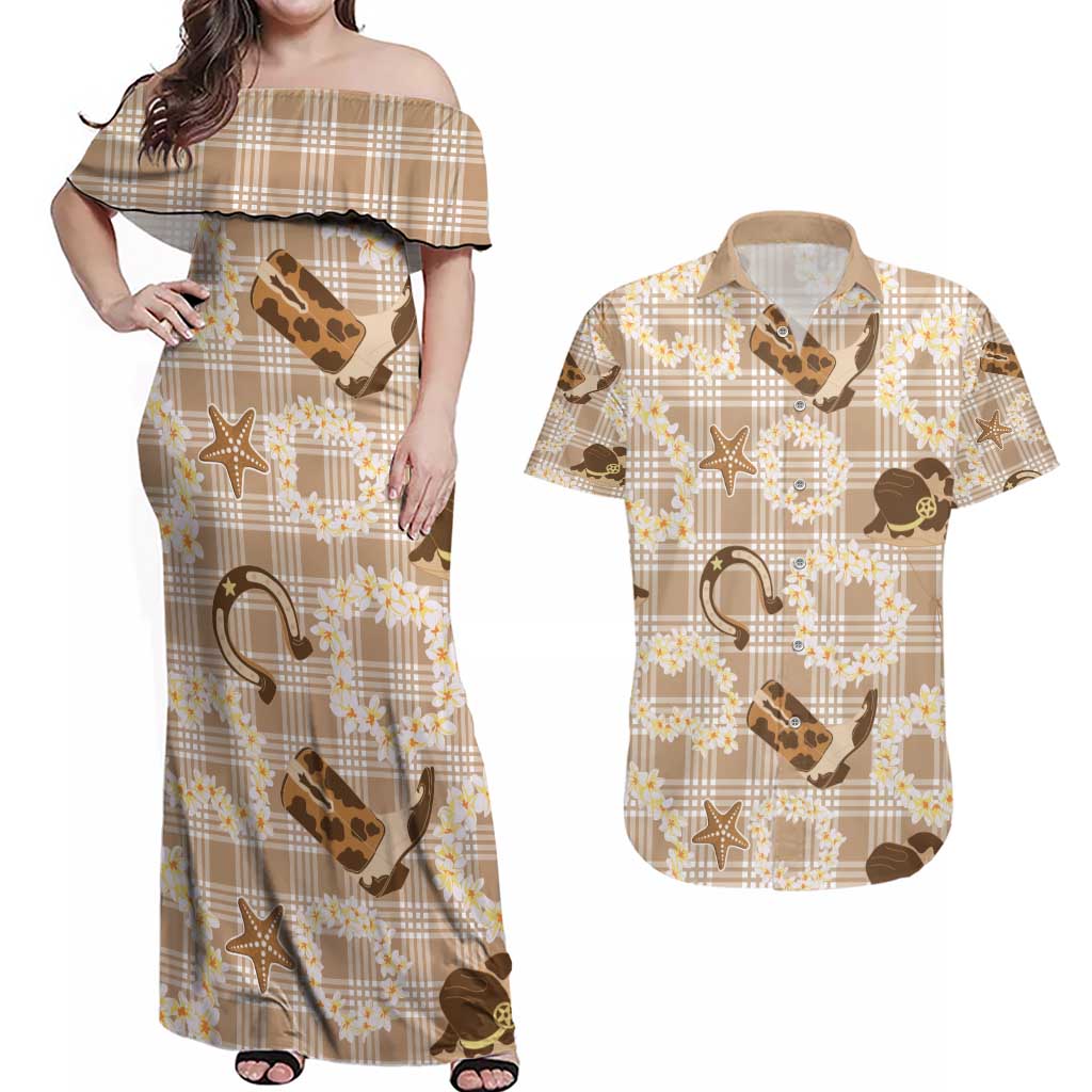 Aloha Hawaii Paniolo Khaki Palaka Couples Matching Off Shoulder Maxi Dress and Hawaiian Shirt Coastal Rodeo LT7 Khaki - Polynesian Pride