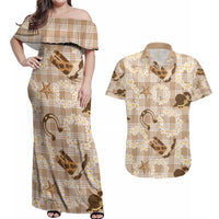 Aloha Hawaii Paniolo Khaki Palaka Couples Matching Off Shoulder Maxi Dress and Hawaiian Shirt Coastal Rodeo LT7 Khaki - Polynesian Pride