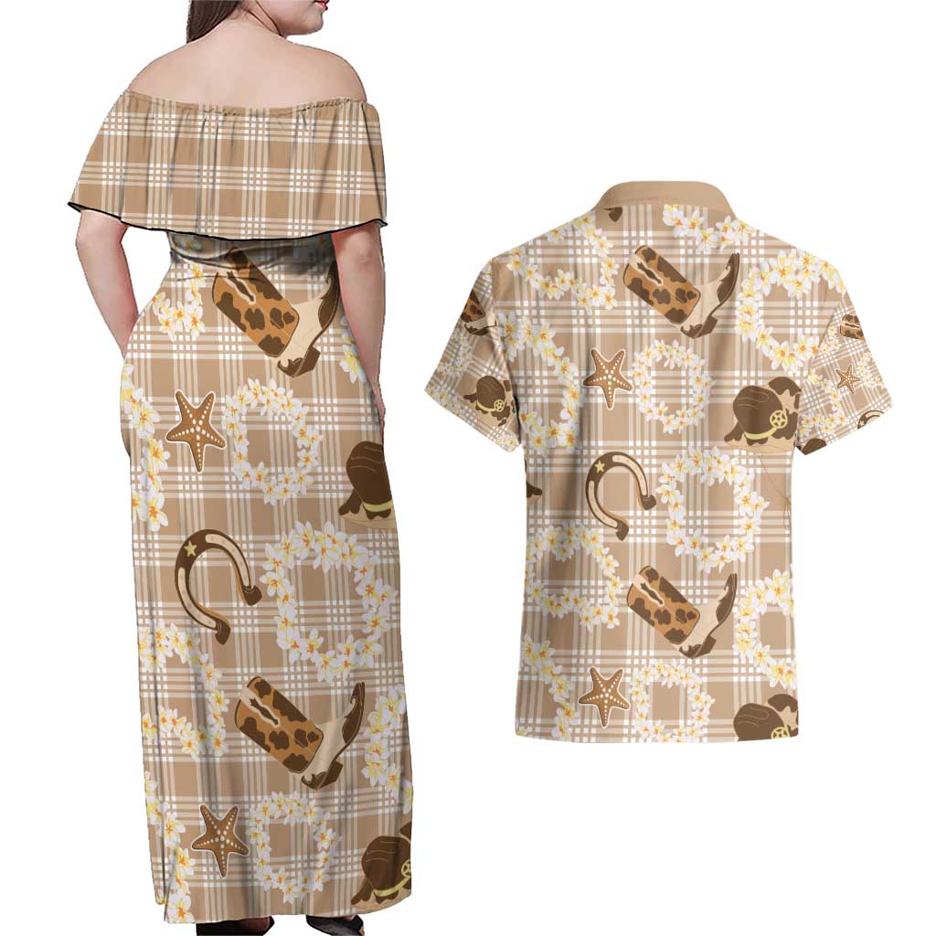 Aloha Hawaii Paniolo Khaki Palaka Couples Matching Off Shoulder Maxi Dress and Hawaiian Shirt Coastal Rodeo LT7 - Polynesian Pride