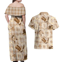 Aloha Hawaii Paniolo Khaki Palaka Couples Matching Off Shoulder Maxi Dress and Hawaiian Shirt Coastal Rodeo LT7 - Polynesian Pride