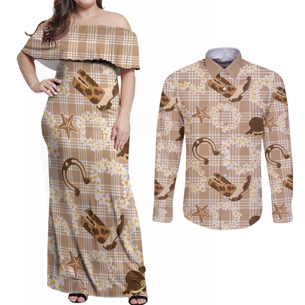Aloha Hawaii Paniolo Khaki Palaka Couples Matching Off Shoulder Maxi Dress and Long Sleeve Button Shirt Coastal Rodeo LT7 Khaki - Polynesian Pride