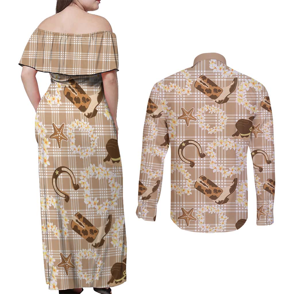 Aloha Hawaii Paniolo Khaki Palaka Couples Matching Off Shoulder Maxi Dress and Long Sleeve Button Shirt Coastal Rodeo LT7 - Polynesian Pride